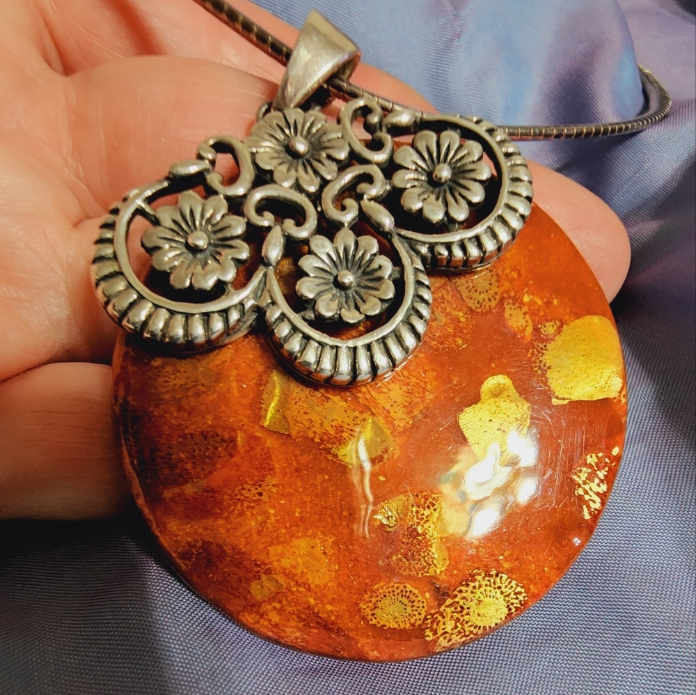 Gorgeous Red Amber Fossil Coral Sterling Silver Pendant Designer